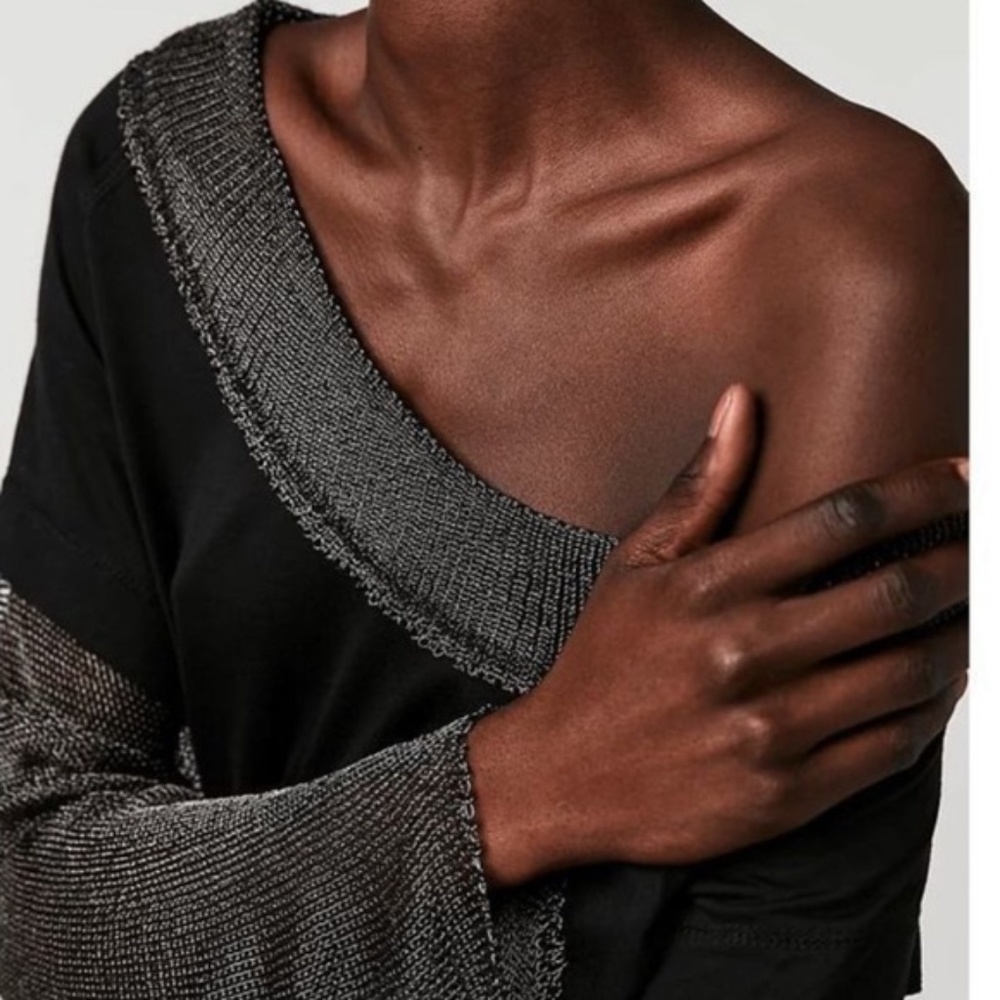 NWOT Free People Bit of Shine Shirt - Size Medium, Black Silver Metallic